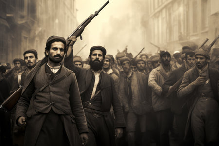 a crowded group of iranians protesting during the constitutional revolution in tabriz, 1900s. the black and white photo captures the intense atmosphere, with protesters holding old guns. the image is photorealistic and ultra realistic, showcasing intricate details and cinematic lighting. it was created using advanced rendering techniques such as octane render and 3d software like 3ds max and cinema 4d. the high contrast and sharpの素材