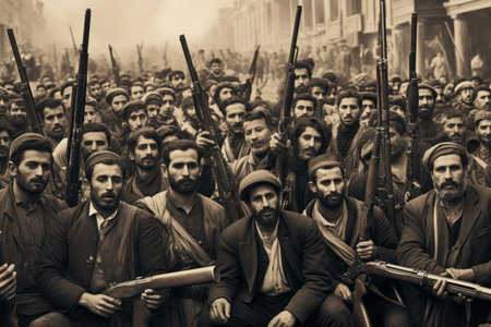 a crowded group of iranians protesting during the constitutional revolution in tabriz, 1900s. the black and white photo captures the intensity of the moment, with one color standing out. the photorealistic image showcases ultra hd detail and intricate sharp graphics. the cinematic lighting and volumetric light add depth to the scene. this editorial photography is a testament to the historical significance of the event. aiの素材