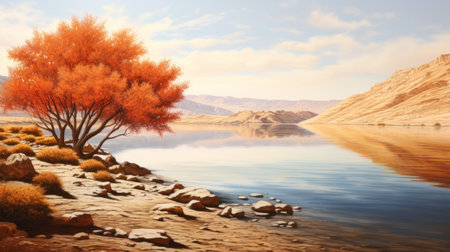 a serene desert lake surrounded by vibrant autumn-colored yew trees creates a tranquil scene. the calm water reflects the trees' vibrant colors, enhancing the beauty of nature during the fall season. shot during golden hour, the image captures the soft, warm light illuminating the desert, adding to the overall serenity of the scene. ai generatedの素材