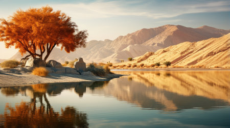 a serene lake in the desert, surrounded by vibrant autumn-colored yew trees, reflects their beauty on the calm water's surface. this tranquil scene captures the serenity and natural beauty of the fall season. shot during golden hour, the image showcases the soft, warm light that illuminates the desert landscape. ai generatedの素材