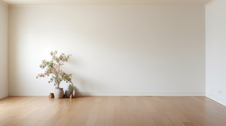 a room featuring a wall, white chair, and hardwood floors, showcasing classic japanese simplicity. captured with the sony fe 24-70mm f/2.8 gm lens, the photo exudes an organic minimalism vibe. the floral still-lifes add a touch of elegance to the scene. shot in stunning 8k resolution, the image highlights the expansive spaces and light gray color scheme. ai generatedの素材
