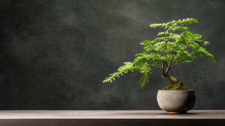 a bonsai tree, placed on a table, stands out against a dark background. this minimalist nature study showcases a unique combination of light green and dark gray tones. the innovative techniques used in this photograph highlight the earthy textures of the bonsai tree, while also incorporating tropical symbolism. the mastery of tenebrism is evident, as the contrast between light and dark is skillfully captured. theの素材