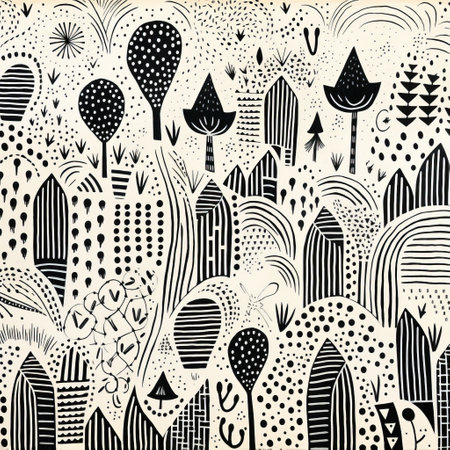 abstract black and white watercolor sketch by alexander kathleen, featuring elements of naive art, wallpaper, joyful landscapes, chiaroscuro woodcuts, whimsical characters, shaped canvas, and forestpunk. ai generatedの素材