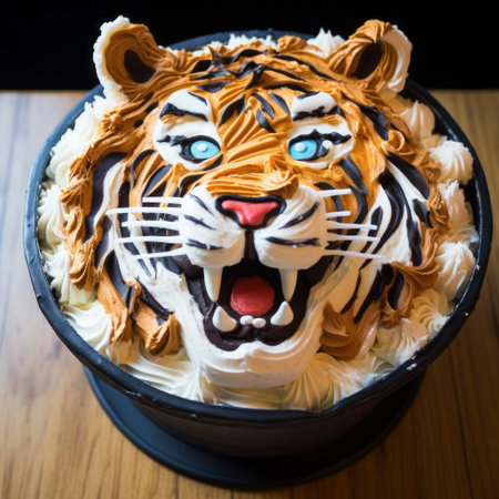 the photo captures a cake filled with frosting, showcasing an animal intensity. it is an iconic image taken with a nikon d750, featuring anamorphic art. the subject's strong facial expression adds to the overall impact of the picture. the color palette consists of dark orange and light indigo, creating striking streaks throughout the composition. ai generatedの素材