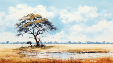 african-inspired painting on a grass canvas, depicting a serene landscape with water. this traditional artwork showcases the beauty of ink and wash technique, capturing realistic landscapes with soft, tonal colors. the sky-blue and brown hues add depth and tranquility to the scene. ai generatedの素材