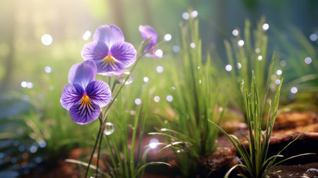 purple pansies bask in the sunlight of a forest, resembling sparkling water reflections. this enchanting image captures the essence of fairy tale illustrations and showcases the beauty of nature. with its uhd quality, it could easily grace the pages of national geographic. the dreamy and cute aesthetic is reminiscent of nature-inspired imagery, evoking a sense of wonder and tranquility. ai generatedの素材