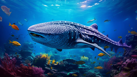 a fish swimming in an aquarium, depicted in a hyper-realistic style with intricate details. the vibrant stage backdrop showcases a richly detailed background, featuring dotted, hyper-realistic sculptures. the color palette includes dark purple and sky-blue hues, creating a naturalistic representation of ocean waves. ai generatedの素材