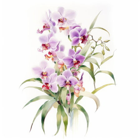 watercolor orchids on white shelf wall art design featuring transparency and lightness. the traditional oil-painting techniques create a beautiful blend of light red and violet hues. the graphic illustration showcases striped arrangements inspired by chinese painting, with touches of light violet and light green. ai generatedの素材