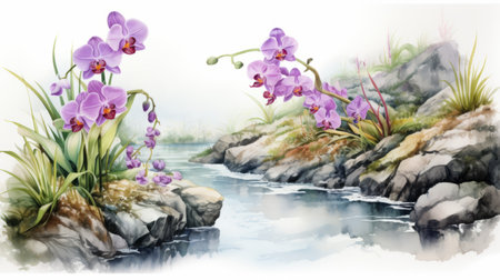 a watercolor painting of a purple flower scenery with rocks by the river. this artwork showcases a realistic and hyper-detailed rendering, capturing lifelike elements such as flowing fabrics, bentwood, and masterful shading. the artist's skillful technique brings out the beauty of the scene, resulting in a lively and realistic illustration. ai generatedの素材