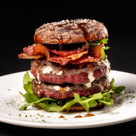 a mouthwatering burger photo featuring a perfectly grilled 180g beef patty, topped with crispy bacon and a delicious special sauce. the burger is presented on a white background, allowing the vibrant colors of the ingredients to shine. ai generatedの素材