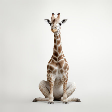 a giraffe sits in a humorous and unique pose, showcasing minimal retouching and innovative techniques. with a strong facial expression, this sketchfab image captures the giraffe's unused leg and utilizes schlieren photography to create a visually striking effect. the softbox lighting adds depth and enhances the overall composition. ai generatedの素材