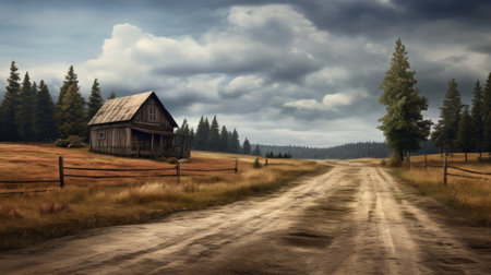 a hauntingly beautiful concept art of a rural dirt road, designed for two cars, showcases the mesmerizing charm of northwest school style. this uhd image, created with vray tracing, captures the essence of rural life with its captivating depiction. experience the breathtaking beauty of this stunning artwork. ai generatedの素材