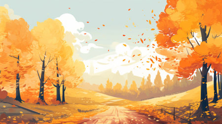 an autumn background painting featuring falling leaves, inspired by graphic novel illustrations. the artwork showcases a pastoral landscape with a blend of light orange and gold hues. the animated gifs and cute cartoonish designs add a touch of whimsy to this plein-air style artwork. ai generatedの素材
