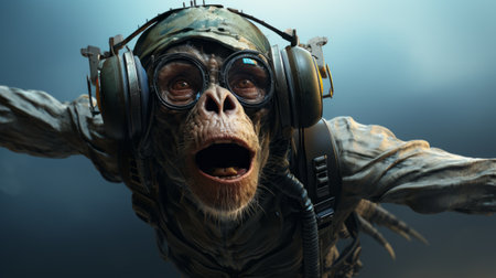 a creepy and grotesque chimp zombie, created in a playful and surreal style, floats in the sky. this three-dimensional representation, made using zbrush, showcases intricate details and a desertpunk aesthetic. with its emotive and eerie character design, this 32k uhd artwork captivates viewers with its insect-inspired elements and unsettling presence. ai generatedの素材