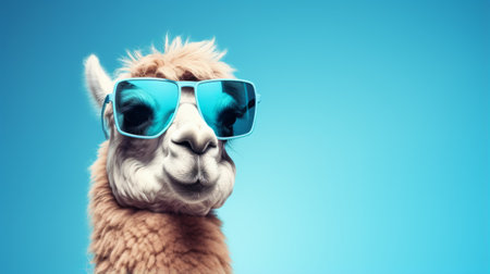an alpaca with sunglasses stands against a vibrant blue background, creating a visually striking image. the solarization effect adds a unique touch to this 8k resolution photograph. the alpaca's light brown fur contrasts beautifully with the cyan sunglasses, giving it a stylish and advertising-inspired look. this image captures the smoothness and clever wit of the alpaca, making it an eye-catching visual. ai generatedの素材