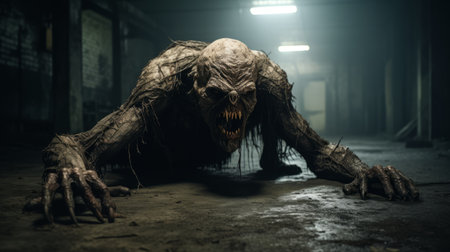 an evil face lurks in a dimly lit hallway, surrounded by haunting shadows. this full hd wallpaper showcases a hybrid creature composition with a touch of darkness. the dusty piles and frayed edges add to the eerie atmosphere. captured with a steinheil quinon 55mm f/1.9 lens, the image is presented on a gigantic scale. the grid-based design adds a sense of order to the chaoticの素材