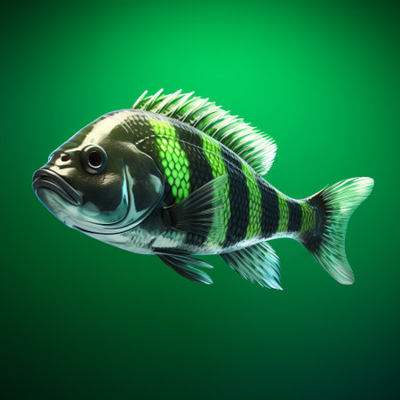 the black striped bass fish skin is a vibrant and colorful addition to 3d models for fishing games. inspired by the style of speedpainting, this design by jeremy geddes showcases a stunning depiction of animals. with its pixel art and bombacore elements, this skin brings a unique and eye-catching aesthetic to the game. ai generatedの素材