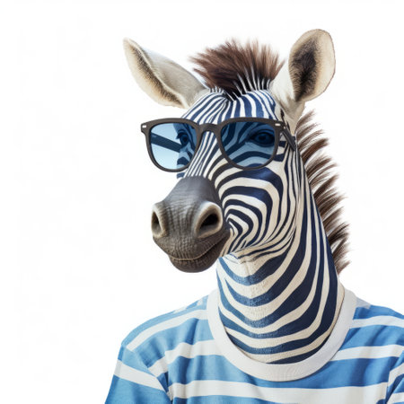 a zebra wearing sunglasses on its head is depicted in a photorealistic style, reminiscent of the works of polixeni papapetrou and bert stern. the image showcases bold colorism and striped compositions, resembling a political illustration. the blue rider adds an artistic touch to this unique and eye-catching photo. ai generatedの素材