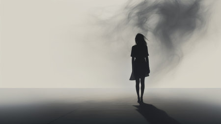 a mysterious woman stands amidst ethereal, cloud-like formations, exuding an aura of enigma. the scene is characterized by inky shadows, flowing silhouettes, and swirling vortexes, creating an atmosphere of intrigue. the interplay of light, black, and gray hues adds depth to the composition, while evoking a sense of humanistic empathy. the mist-like, ephemeral installations further enhance the captivating ambiance. ai generatedの素材