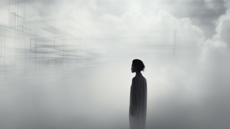 silhouetted figure standing next to clouds, depicting trapped emotions in a futurism-influenced style. the hazy, light black and gray tones create a soft-focus portrait. the small structure in the background adds depth to the composition. influenced by the works of zaha hadid and jessica rossier. ai generatedの素材