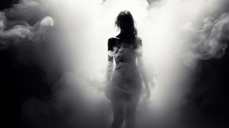 a female silhouette emerges from a cloud of smoke, creating an ethereal and otherworldly atmosphere. this black and white capture showcases the beauty of light installations, while maintaining a sombre and gritty tone. the image exudes a honeycore aesthetic, with an unapologetic and otherworldly vibe. ai generatedの素材