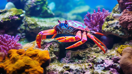 a vibrant coral reef teeming with marine life, including a crab, serves as the captivating background for this wide-angle shot. the image showcases the beauty and diversity of the underwater world, with its colorful corals and abundant marine species. this lifelike 8k photograph also features a corn snake resting peacefully on a rock, adding to the intrigue of the scene. ai generatedの素材