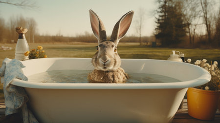 a rabbit sits in a large tub wearing a long sleeve shirt, captured in the style of surrealist photography. this animated gif showcases a unique blend of mommy's on-the-phonecore and aurorapunk aesthetics. the minimalist canvas and the use of a canon eos 5d mark iv camera add depth to the soggy yet intriguing composition. ai generatedの素材
