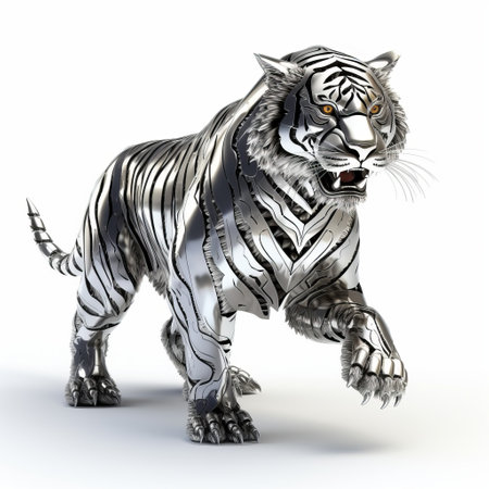a silver tiger, in the style of imaginary creatures and robots, is captured in a moving portrait on a white background. the high-quality image showcases the meticulous hard surface modeling, with a stark contrast of light and shadow. the tiger's sleek silver coat stands out against the light white background, while its eyes and stripes are highlighted in dark orange. this humorous and majestic portrayalの素材