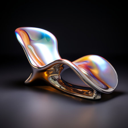 a black and white chaise lounge, resembling a metallic sculpture, made of curved glass. this unique piece features organic flowing forms and is captured in a high-definition image with golden light. the design is reminiscent of a colorful moebius, showcasing iridescent details. created using zbrush, this chaise lounge is a stunning blend of art and functionality. ai generatedの素材