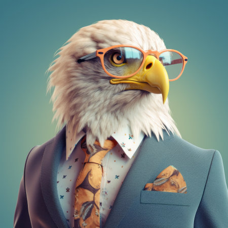 a white eagle, dressed in a suit and wearing sunglasses, is depicted in a hyper-realistic style. the artwork by beeple showcases vibrant colors like dark turquoise and dark yellow. this illustration incorporates elements of celebrity and pop culture references, reminiscent of the style of matti suuronen. the image is high resolution and features charming characters. ai generatedの素材