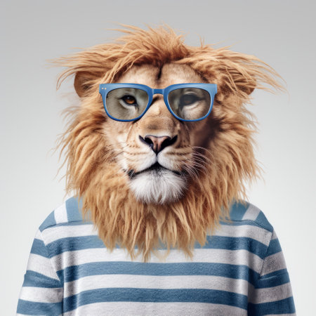 a man wearing glasses resembling a lion, showcasing surrealistic elements with horizontal stripes. the image captures realistic depictions of everyday life, featuring a color palette of light gray and blue. shot with a medium format lens, the photo boasts sharp details and clever humor. enjoy the stunning 8k resolution for an immersive viewing experience. ai generatedの素材