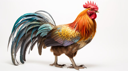 an angry rooster, featuring vibrant red and blue colors, stands boldly against a clean white background. this striking image, reminiscent of the artistic styles of alex prager, guo pei, and petros afshar, showcases the rooster's naturalistic materials and fine feather details. the realistic color schemes add to the overall beauty of this captivating photograph. ai generatedの素材