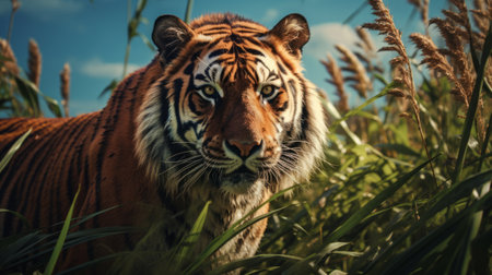a tiger in a photorealistic representation is captured outside, amidst tall grasses. the image showcases vignetting and a strong facial expression, created using unreal engine and photo-realistic techniques. the tiger's presence is reminiscent of dutch realism, with vibrant colors adding to the overall realism of the scene. ai generatedの素材