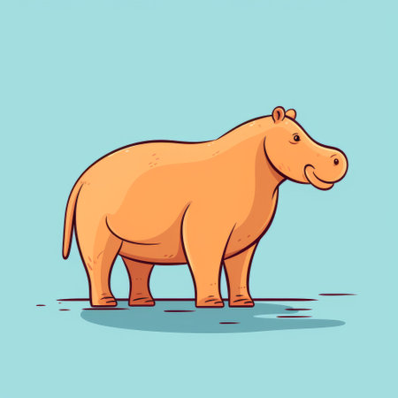 a cartoon picture of a hippo animal in a light orange and azure color scheme. the flat backgrounds in light maroon and light amber add to the primitivist realism style. the elongated figures and high-contrast shading give the image a unique and eye-catching look. the hippo appears to be in a soggy environment. ai generatedの素材
