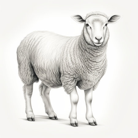 a white sheep stands on a white background, showcasing monochromatic realism. this hyper-realistic animal illustration features detailed shading and elegant inking techniques. inspired by the pont-aven school, this editorial illustration captures the essence of the subject with a touch of rtx on technology. ai generatedの素材