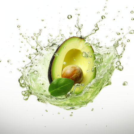 an avocado splashes water with leaves and a leaf in a hyperrealistic composition. the image showcases layered images, transparency, and opacity, with softbox lighting creating smooth lines. this visually stunning photograph captures the essence of duckcore and resembles an associated press photo. ai generatedの素材