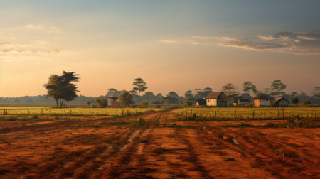 charming rural scene featuring a dirt ground, bathed in soft orange and sky-blue hues. captured with the sony fe 12-24mm f/2.8 gm lens, this idyllic image showcases the beauty of igbo/ibo art in the southern countryside. the high dynamic range and hazy atmosphere add a touch of ethereal charm to this captivating photograph. ai generatedの素材