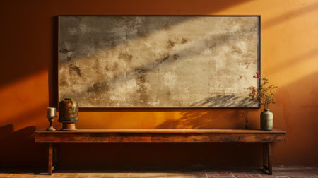 a large photo frame and an attractive table with flowers hanging in front, showcasing the han dynasty style. the orange and bronze tones create a post-apocalyptic backdrop, while the play of light and shadow adds depth to the textured canvas. the architectural details and concrete elements further enhance the overall aesthetic. ai generatedの素材