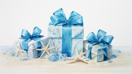 a watercolor painting of blue gifts, resembling hyper-realistic sculptures, in the style of trompe l'oeil compositions. created by zena holloway, a renowned sea and coast painter, these monochromatic paintings are digitally enhanced and made to resemble crystals. ai generatedの素材