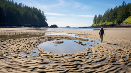 a high-angle photo captures lisa walking on a beach, with a clam playfully following her. the wide-angle lens showcases the natural beauty of the surroundings, emphasizing lisa's connection with nature. the presence of the clam adds a playful element to the composition, creating a captivating scene. ai generatedの素材