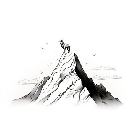 a chic black and white illustration of a wolf perched atop a steep mountain range. this charming character illustration combines elements of forced perspective and optical illusion, creating an intriguing wildlife muralism piece. the isolated figure of the wolf stands out against the detailed mountain backdrop, showcasing the artist's skill in capturing the beauty of nature. ai generatedの素材