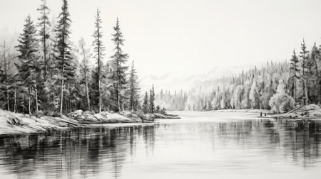a black and white drawing of a snowy tree landscape, reminiscent of realistic marine paintings. this 8k resolution artwork captures the essence of whistlerian style, with hyper-realistic water and stunning reflections. the hazy atmosphere adds to the sense of wilderness in this captivating piece. ai generatedの素材