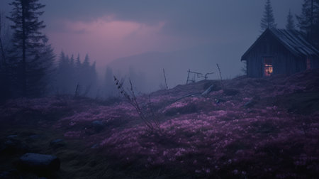 a girl sits in a cabin surrounded by purple flowers, amidst a dark and foreboding landscape. the misty atmosphere adds to the dramatic and sublime nature of the scene. captured with a wollensak 127mm f47 ektar lens, the image showcases a mix of light crimson and pink hues, creating an otherworldly aberration. ai generatedの素材