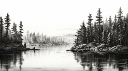 a black and white photograph capturing the beauty of a tree forest on the edge of a serene body of water. the image resembles realistic watercolor paintings, showcasing the wilderness and detailed hunting scenes. it evokes the essence of norwegian nature and transports viewers to fictional landscapes. this captivating illustration freezes quiet moments, skillfully captured in paint. ai generatedの素材