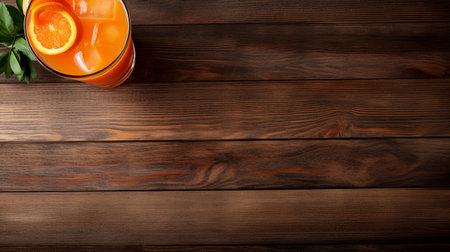 an orange juice in a glass is placed on a wooden table with an industrial texture. the table features a dark brown and gray color scheme, showcasing a glossy finish. the layered veneer panels add depth to the neo-geo minimalistic design, while the rustic texture enhances its overall appeal. ai generatedの素材