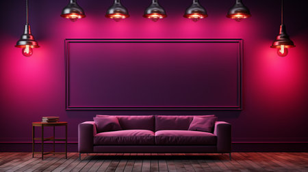 purple couch with lamp and purple wall in a bedroom interior illustration. the space is designed in the style of light pink and dark crimson, creating vibrant stage backdrops. the industrial elegance is enhanced by the dark pink and brown accents, while the neon lighting adds a touch of modernity. the monochromatic color scheme and soft-edged elements complete the overall aesthetic. ai generatedの素材