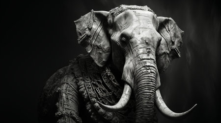 the large statue of the elephant, with impressive tusks, is captured in this photo. the image showcases the darktable processing style, textured expressions, intricate costumes, and epic portraiture. shot on 70mm, the photo beautifully captures the details of the statue, which is reminiscent of the bengal school of art and created using zbrush. ai generatedの素材