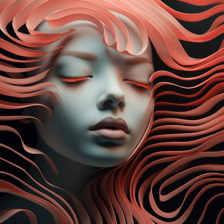 a girl's face with vibrant red hair is depicted in this image. the artwork showcases a futuristic aesthetic with chromatic waves, three-dimensional effects, and organic sculpting. darkly romantic illustrations, mind-bending patterns, and sculptures add to the mesmerizing composition, while linear illustrations enhance the overall visual appeal. ai generatedの素材