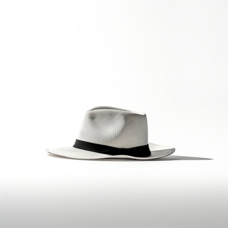 a white hat with a light brown band, featuring minimal retouching and rendered in cinema4d. the black and white grayscale adds a sophisticated touch to the playful design. the high-key lighting enhances the heatwave effect, creating a trendy and anglocore aesthetic. ai generatedの素材