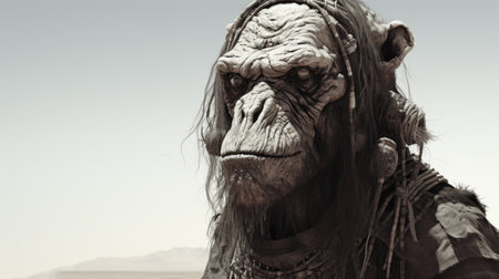 a small ape with a long pigtail and short hair stands next to a horse in this epic portraiture rendered in cinema4d. the intense close-up captures the unique features of the ape's creased, crinkled, and wrinkled face. the desertpunk setting adds to the environmental portraiture, creating a visually striking and captivating image reminiscent of franklin booth's style. ai generatedの素材
